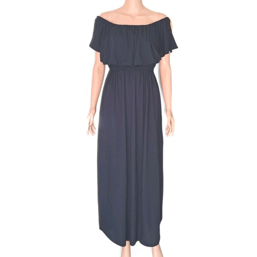 Women's Maxi Dress Off-Shoulder  Cotton Size L Dark Blue With Pockets Casual.